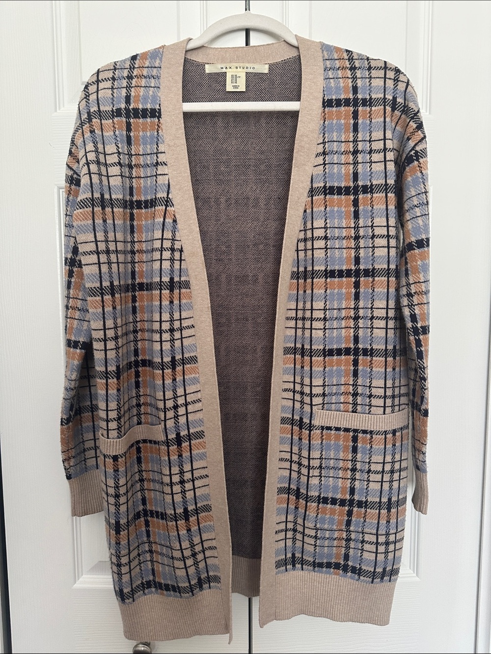 Max Studio Beige Plaid Open-Front Cardigan with Blue & Brown Accents